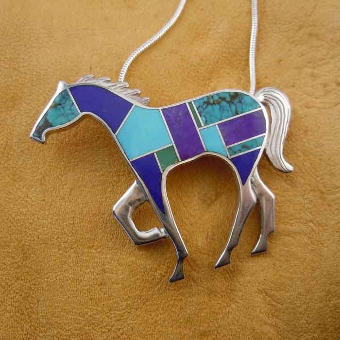 Turquoise Inlay Horse Pendant Necklace