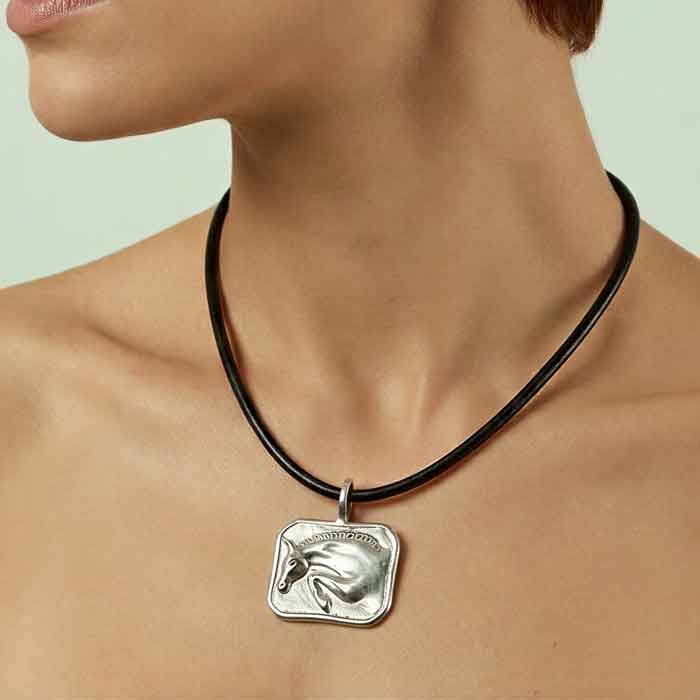 jumper horse profile necklace pendant sterling silver shown on women's neck