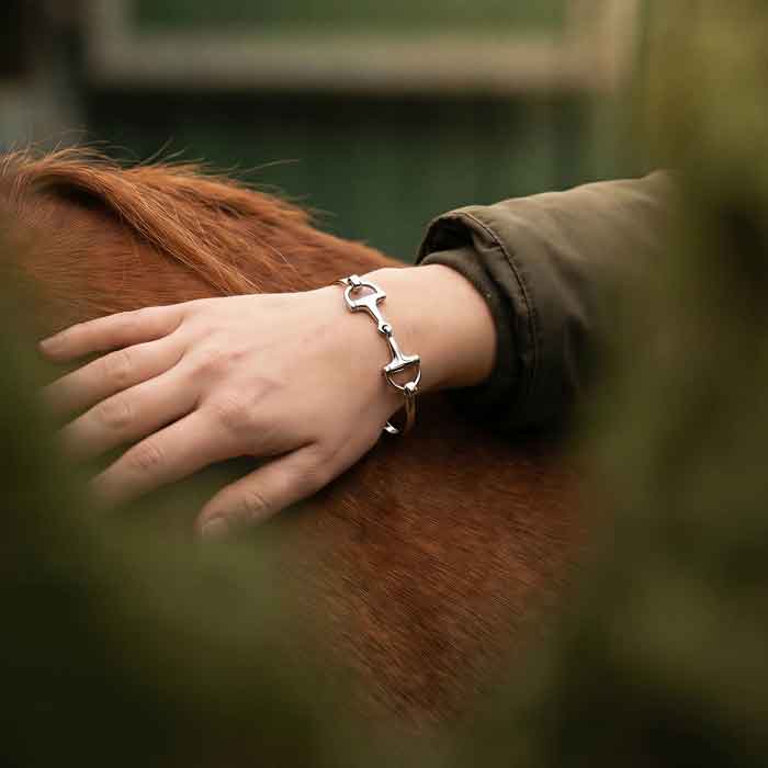 Bangle Snaffle Bit Bracelet Sterling Silver on wirst of hand patting a horse