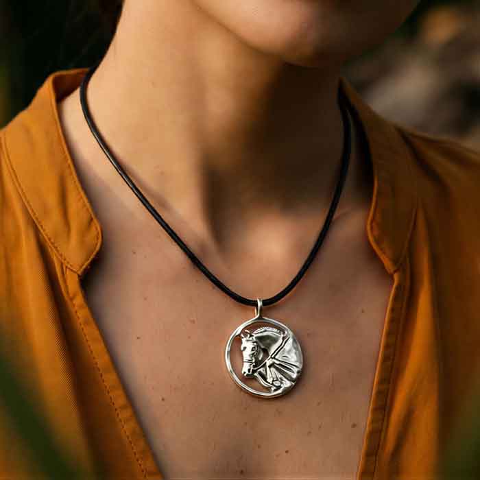 Big Ben Jumper Horse Circle Pendant Necklace sterling silver shown on mocdel