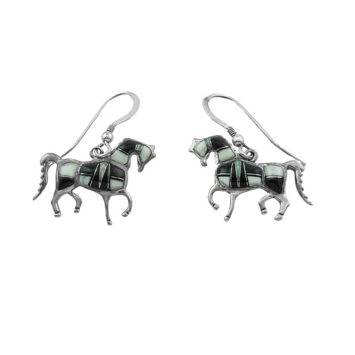 Black and White Inlay Horse Earrings Sterling Silver