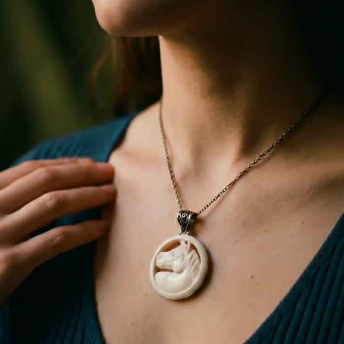 Bonnie Carved Horse Head Pendant Necklace shown on horse lover