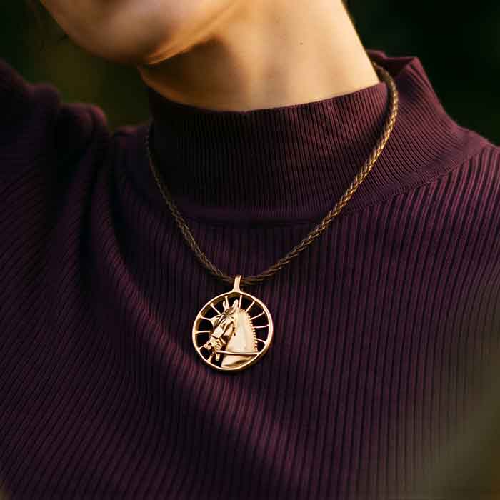 Carriage Horse Pendant Necklace Bronze shown on person