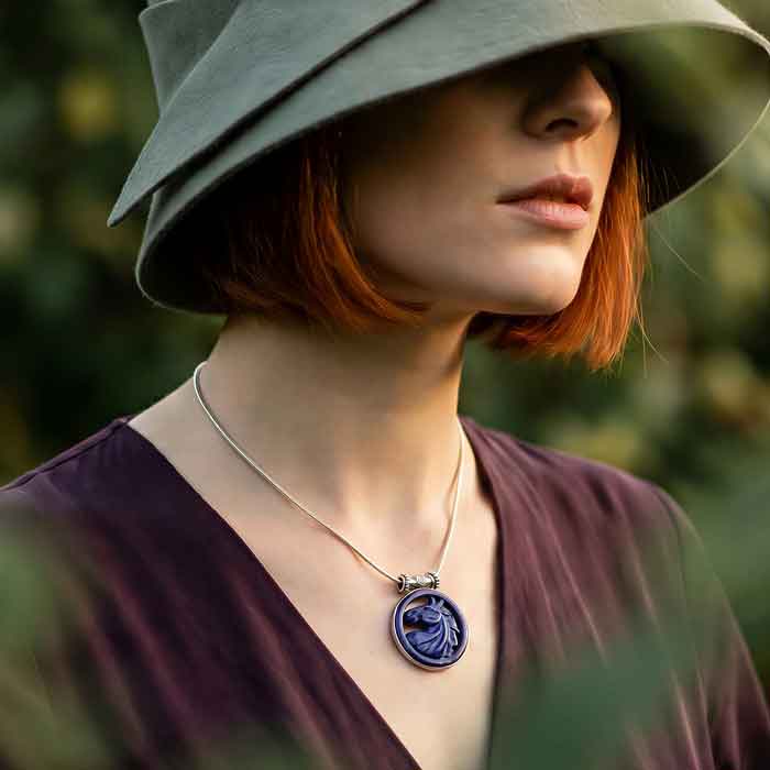 Lapis Carved Horse Head Pendant Necklace shown on horse lover