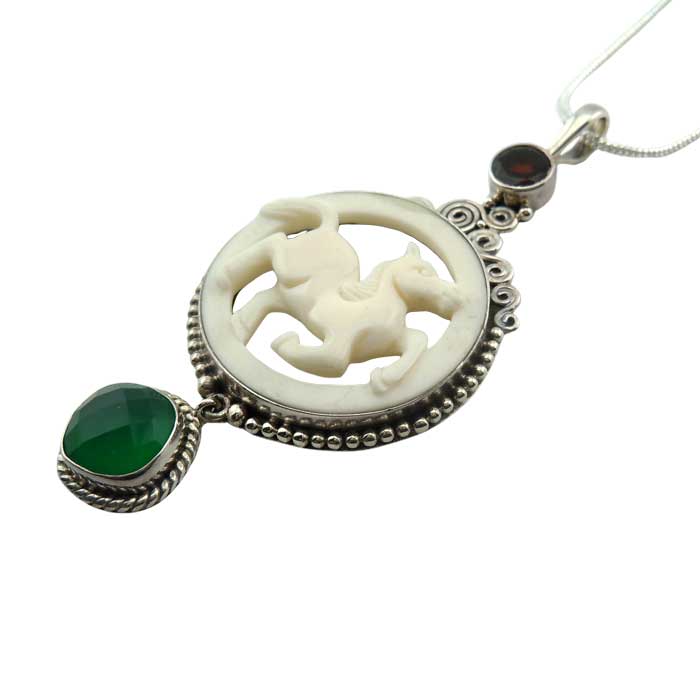 Darcy Carved Horse Pendant Necklace with garnet and green chrome diopside