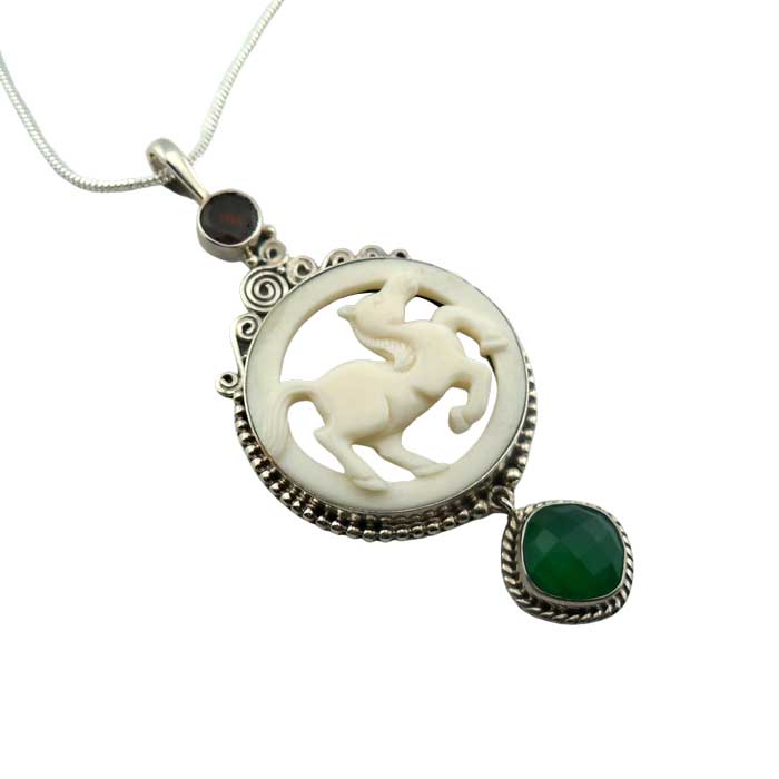 Darcy Carved Horse Pendant Necklace with garnet and green chrome diopside