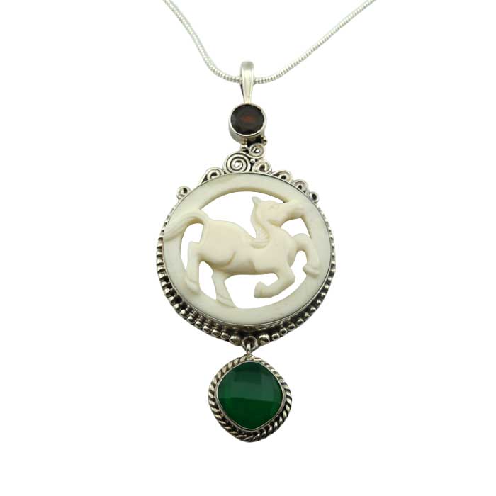 Darcy Carved Horse Pendant Necklace with garnet and green chrome diopside