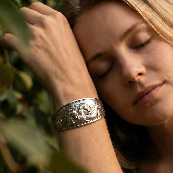 Fab Five Horses Cuff Bracelet piccalo sterling silver shown on wrist of horse lover