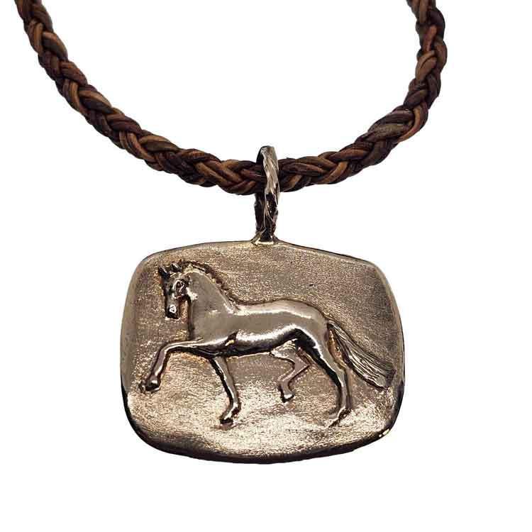 Fancy Trotting Horse Pendant Necklace Rose Bronze