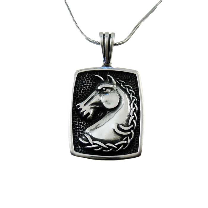 A sterling silver necklace featuring a detailed pendant of a horse's head with a flowing mane, set against a black background.