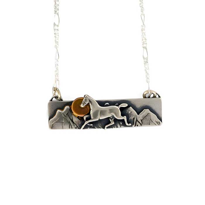 Horse, Mountains, Sun Bar Necklace Sterling Silver and 14k Gold