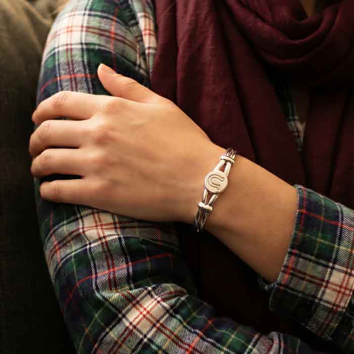 Horseshoe Double Cuff Bracelet solid sterling silver shown on wrist of horse lover