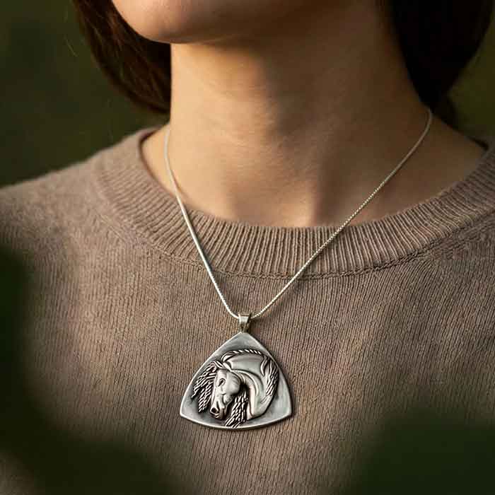 Person wearing Iberian Horse Pendant Necklace Sterling Silver -
