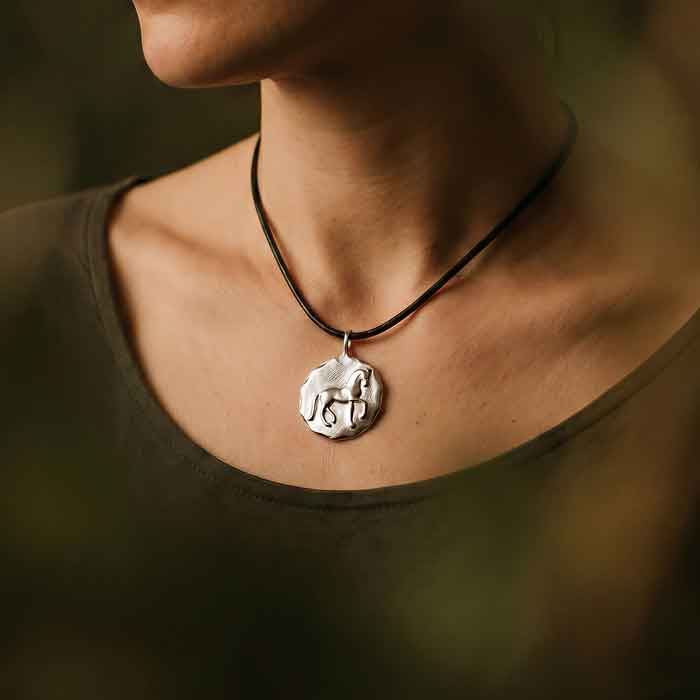 large piaffe dressage horse pendant necklace sterling silver shown on model