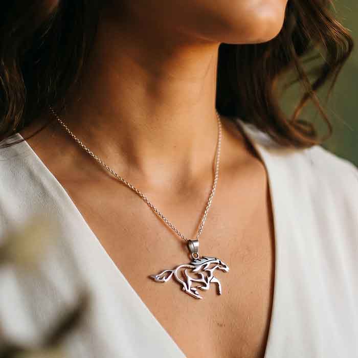 Mars Rising Horse Necklace Sterling Silver on model
