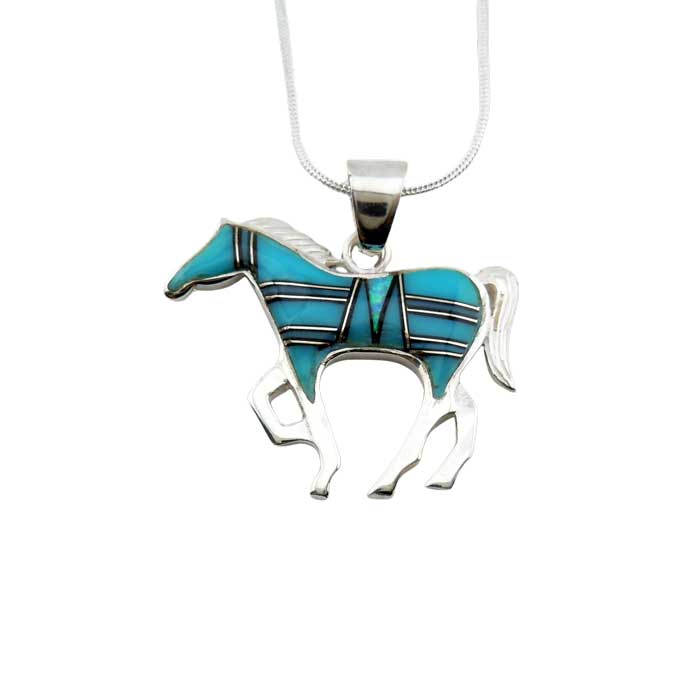 Turquoise and Opal Inlay Horse Pendant Necklace set in Sterling silver
