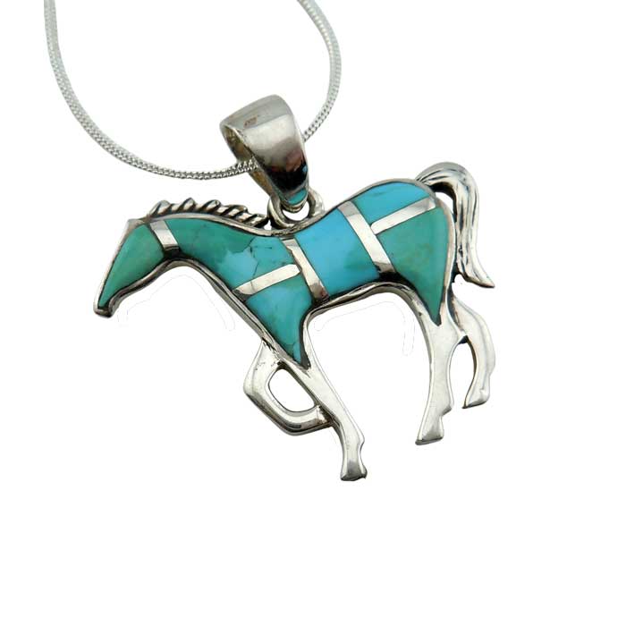 Turquoise Inlay Horse Pendant Necklace