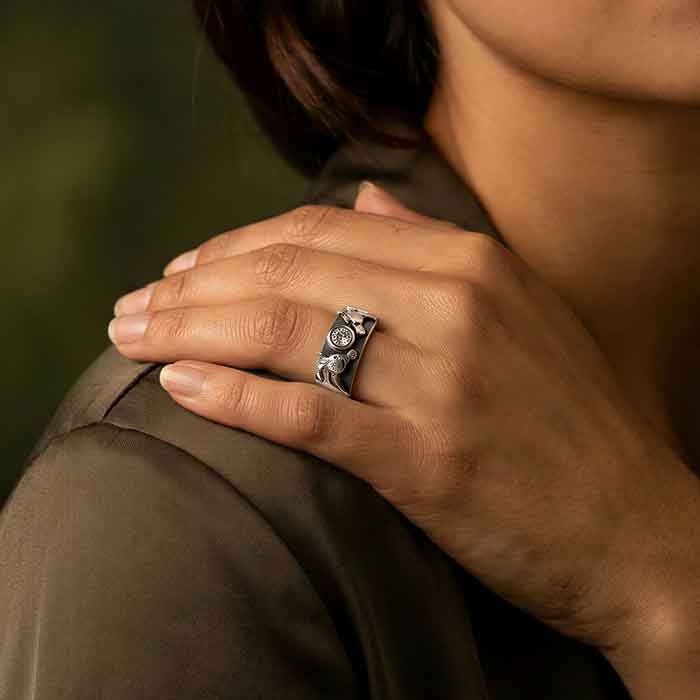 Pair of Horses Ring with CZ Sterling Silver also engagememt ring on model's hand