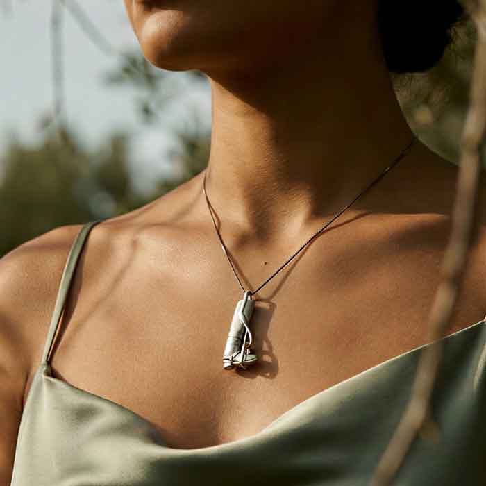 tall english riding boot pendant necklace sterling silver on model