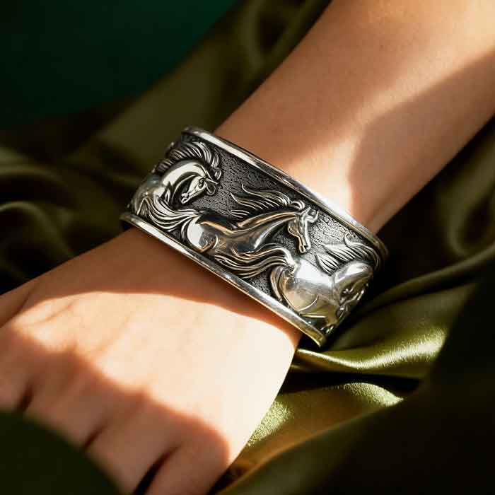 Wide Flowing Horses Cuff Bracelet - on model