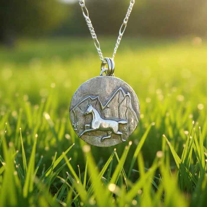 sterling silver horse and mountains pendant necklace set on a field of blades of green grass.