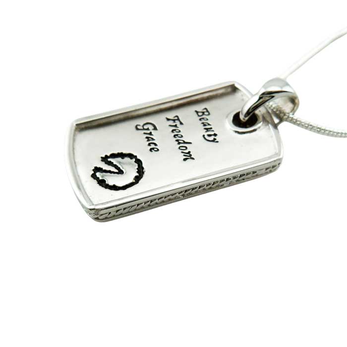 Beauty Freedom Grace Dog Tag Pendant necklace Sterling Silver with hoof print showing side edge with etching