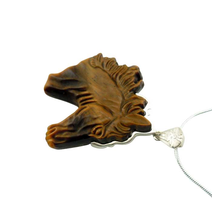 Tiger Eye Carved Horse Head Pendant Necklace sterling silver bail