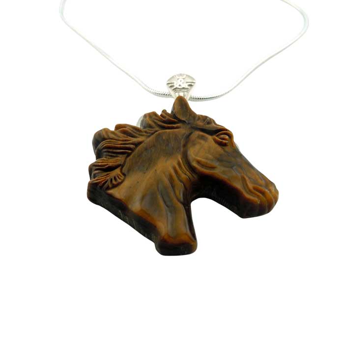 Tiger Eye Carved Horse Head Pendant Necklace sterling silver bail