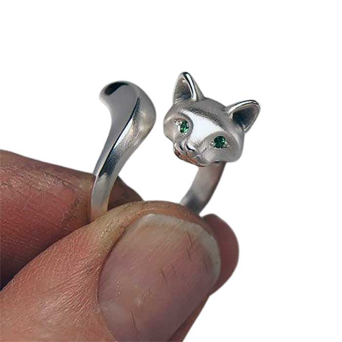 Forrest Cat Ring sterling silver with green emerald eyes