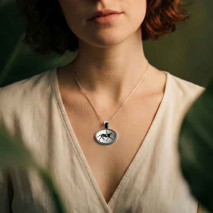Dressage Horse and Rider Pendant Necklace sterling silver shown on horse lover