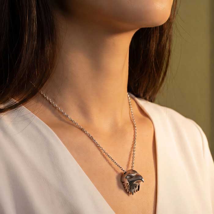 eagle pendant necklace sterling silver shown on woman