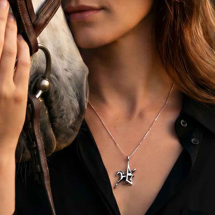 Eventing Jumping Horse Pendant Necklace -sterling silver shown on horse lover