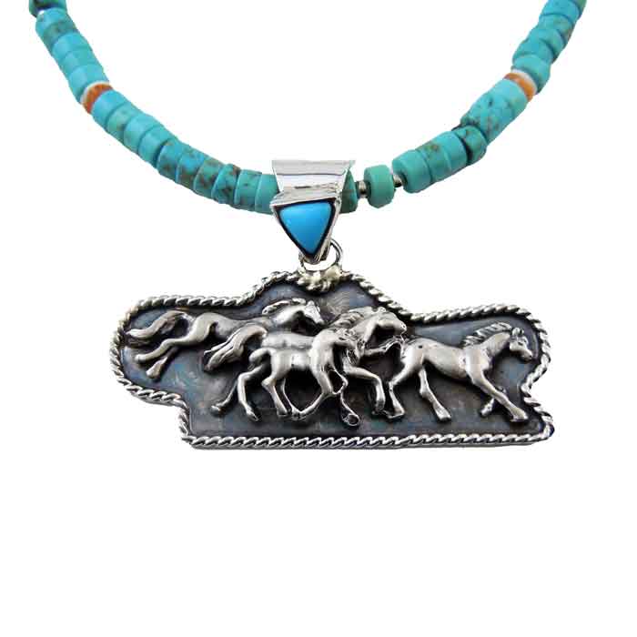 Family of Horses Sterling Silver Pendant Turquoise Necklace