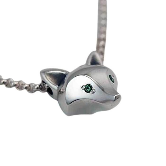 Fox Mask Pendant Necklace -sterling silver with green sapphire eyes