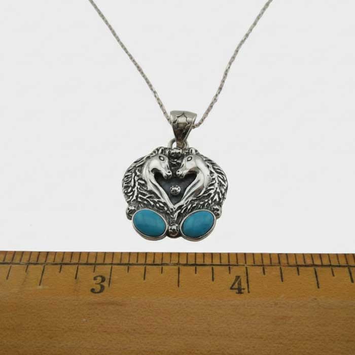 Gemini Horses with Turquoise Pendant Necklace size with ruler