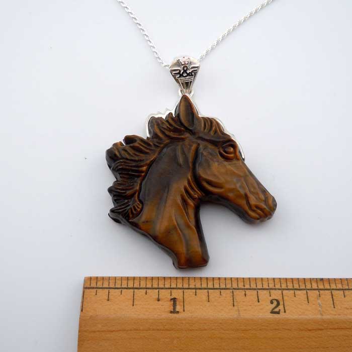 size of Tiger Eye Carved Horse Head Pendant Necklace capped with Sterling Silver