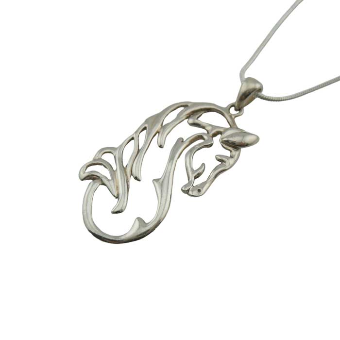 Outline Horse Head Pendant Necklace Sterling Silver. at angle