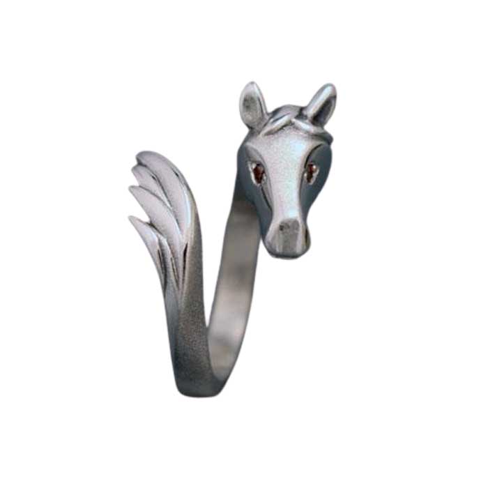 Horse Head and Tail Ring with Diamond Eyes sterling silver