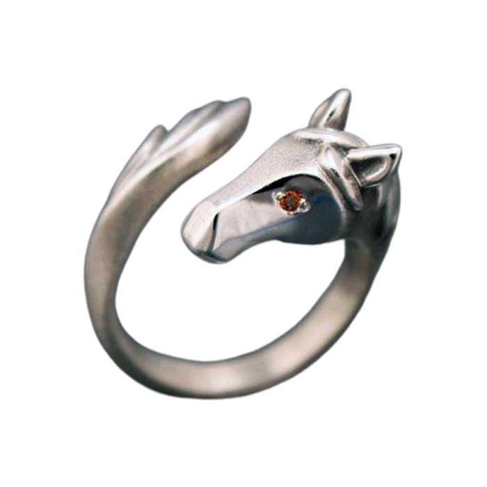 Horse Head and Tail Ring with Diamond Eyes sterling silver