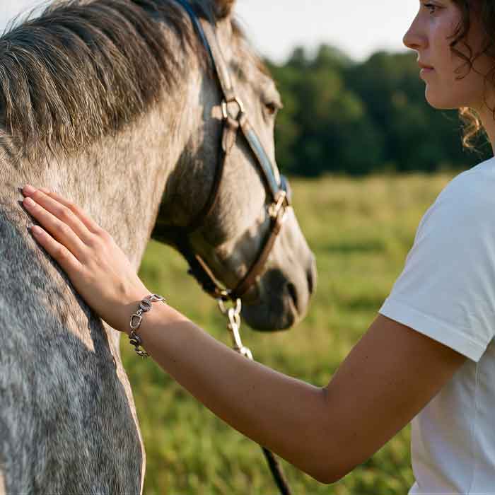 Stirrup and Horseshoe Bracelet Sterling Silver on horse lover with horse