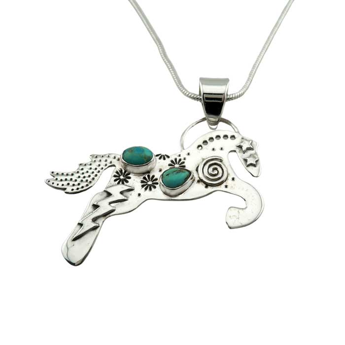 Leaping Horse with Turquoise Pendant Necklace in Sterling Silver with stars and lightning bold details