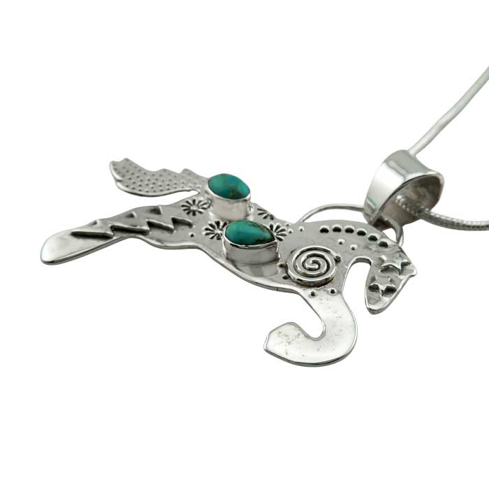 Leaping Horse with Turquoise Pendant Necklace in Sterling Silver with stars and lightning bold details showing depth