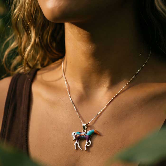 Lucy Multi Colored Inlay Horse Pendant Necklace shown on horse lovers neck