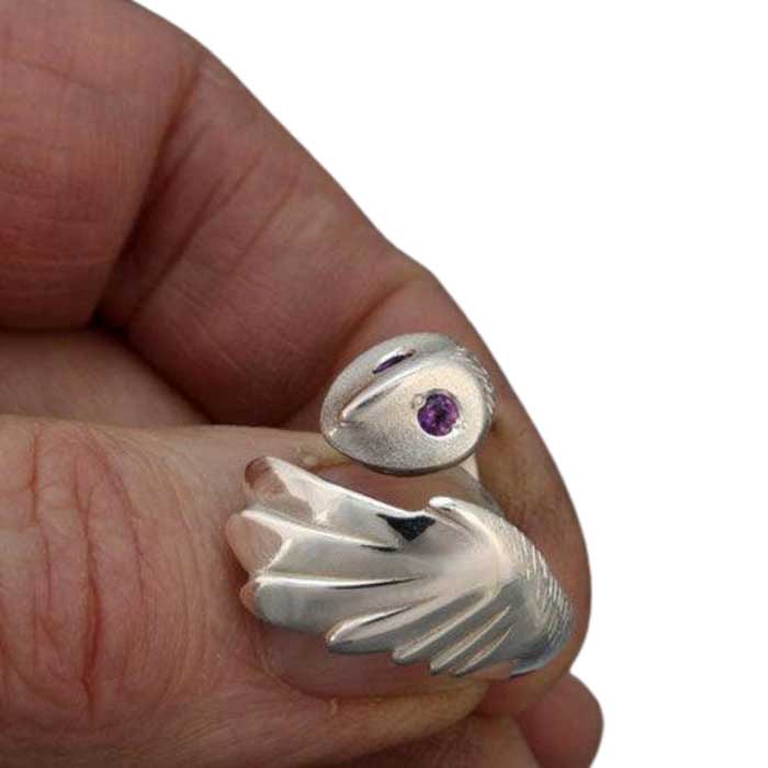 Owl Ring Sterling Silver with Gemstone Eyes amethyst