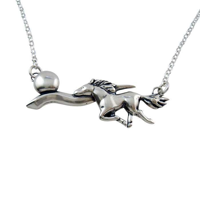 Sterling silver necklace featuring a stylized horse with a cloud and moon motif, on an 18-inch chain.