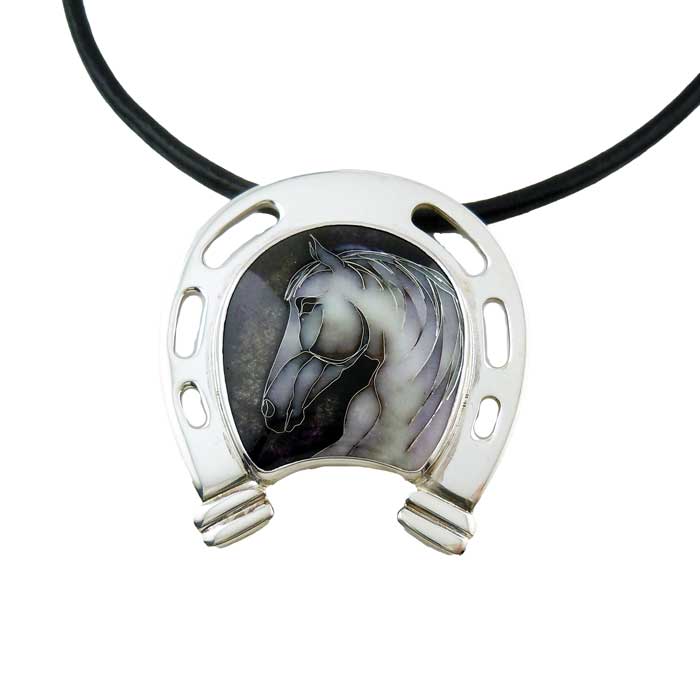 Shadow Horse Head Horseshoe Cloisonné Necklace Pendant OOAK