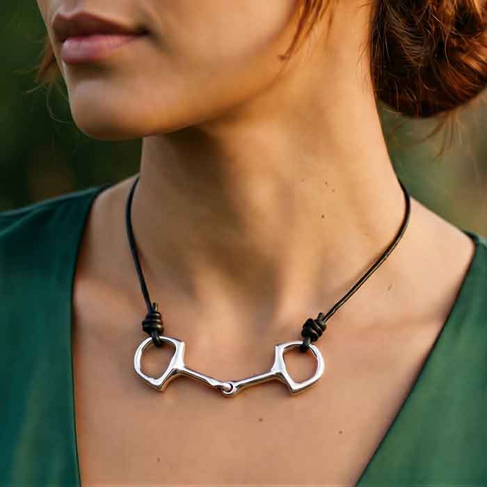Snaffle Bit or Horse Bit Leather Cord Necklace -sterling silver shown on horse lover