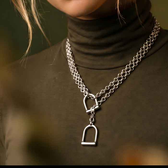 Stirrup Lariat Necklace Sterling Silver shown on person's neck