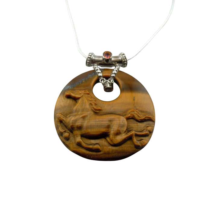 Tiger Eye Carved Carefree Horse Pendant Necklace