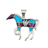 Large Turquoise and Purple Inlay Horse Pendant Necklace